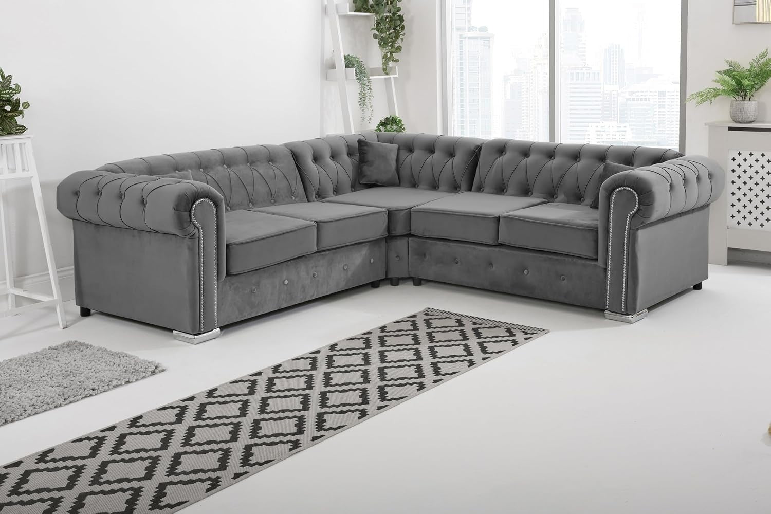 Luxury Velvet Chesterfield Corner Sofa – Steel Plush, Foam Seats.