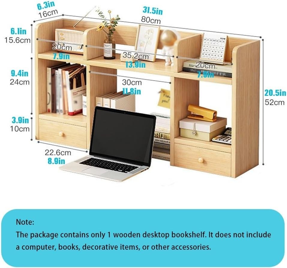 Wood Desk Hutch Bookshelf | 3-Tier Brown Countertop Organizer Doors 100×16×52cm