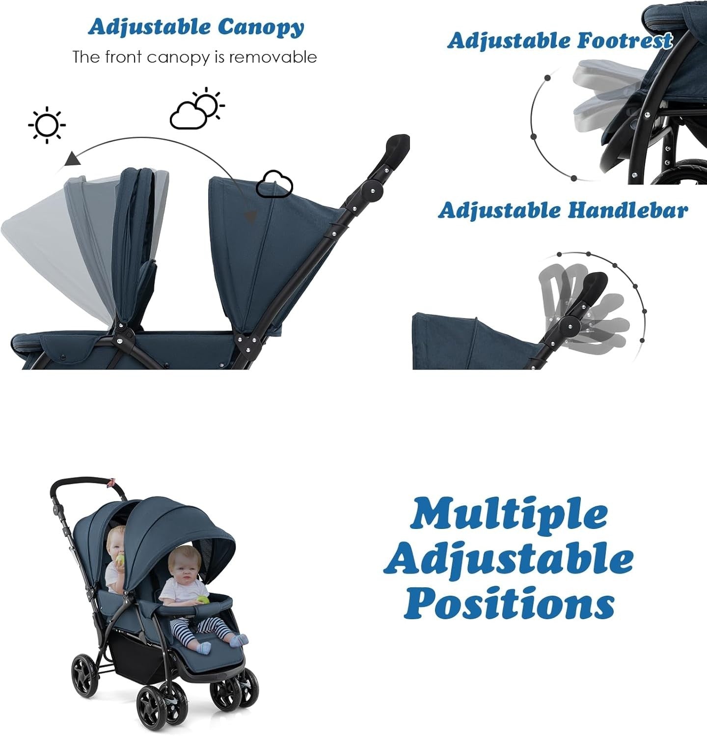 Navy Blue Double Baby Stroller Tandem Pushchair Foldable 30kg
