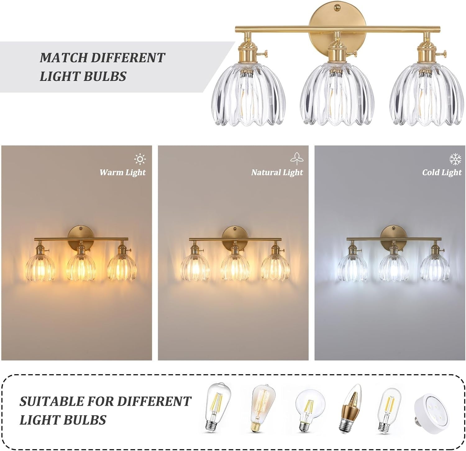 3-Light Clear Glass Wall Sconce Vanity Light Brass Fixture for Bathroom