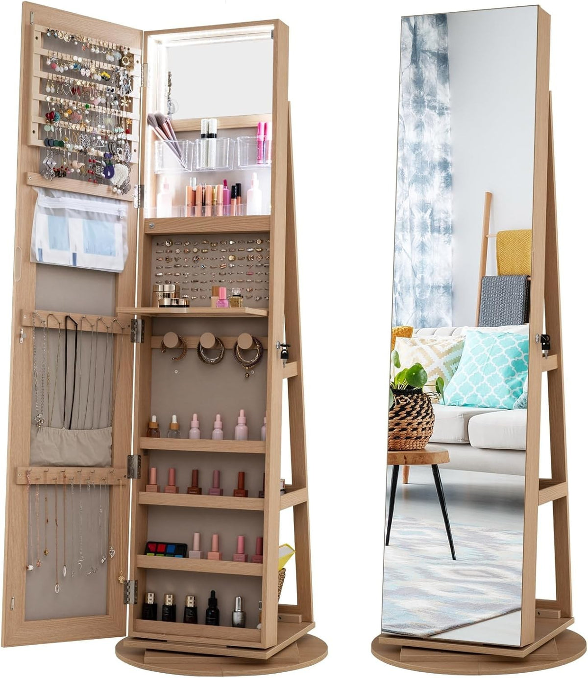 Natural 360° Swivel LED Jewelry Cabinet Mirror Lockable 3-Color Storage