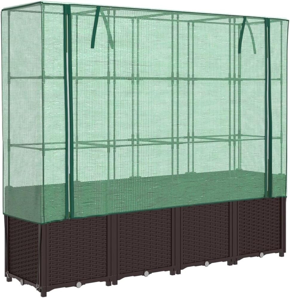 Raised Garden Bed Planter 160x40x53cm with Greenhouse Cover – Brown Rattan