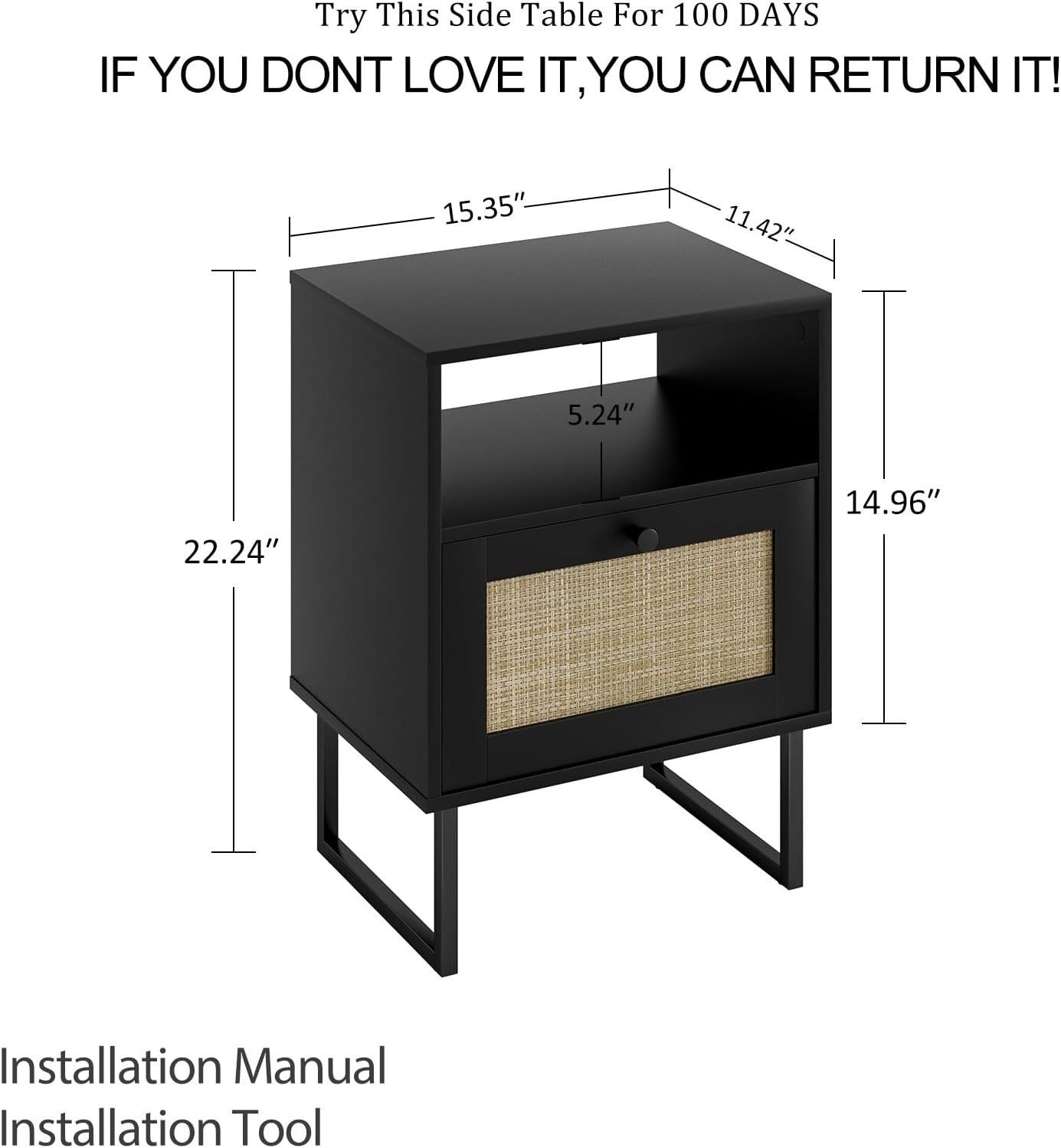 Modern Black Rattan Bedside Table with Drawer & Shelf Metal Frame Nightstand