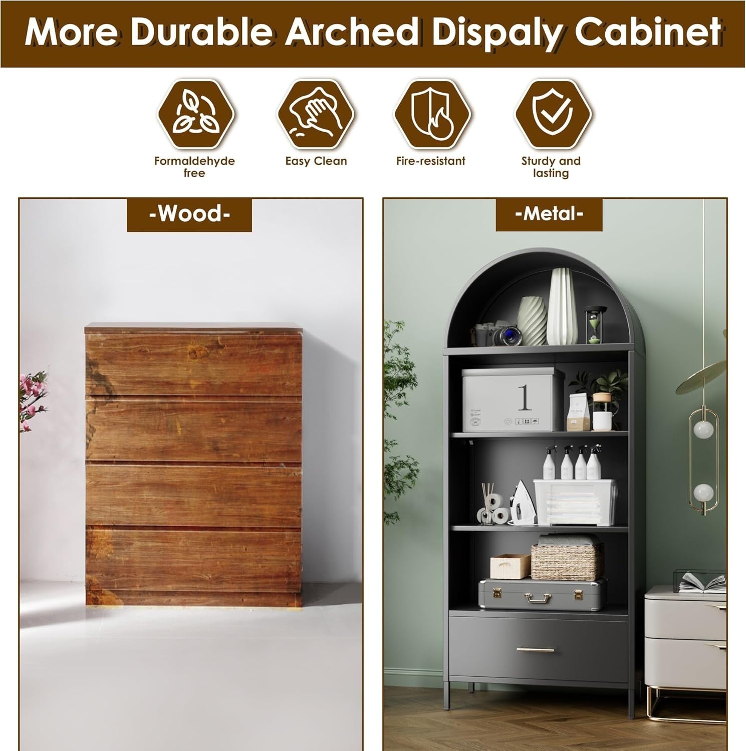 185cm Metal Arched Kitchen Pantry Cabinet Black | Drawer Storage