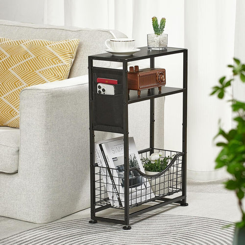 Black 3-Tier Narrow Side Table 30x30x50 cm | Slim End Table w/ Storage