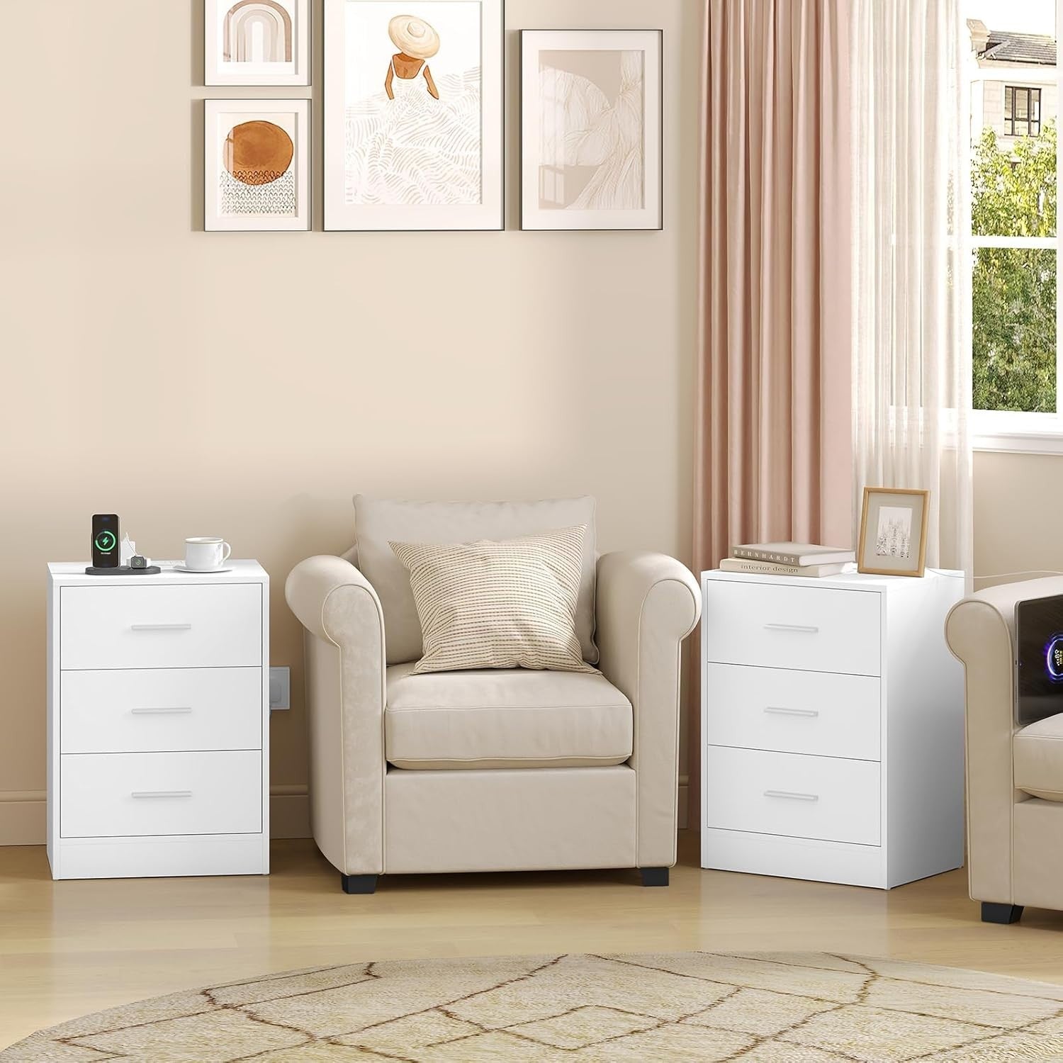 Pair of White 3 Drawer Bedside Tables with Charging Station – Modern Nightstands