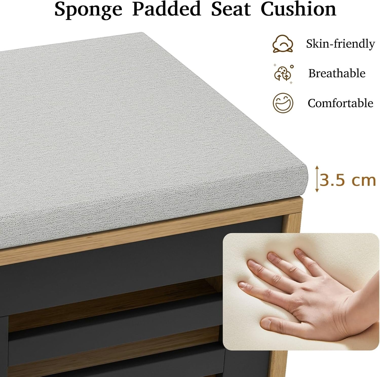 6-Compartment Natural + Black Shoe Bench with Cushion & Adjustable Shelves