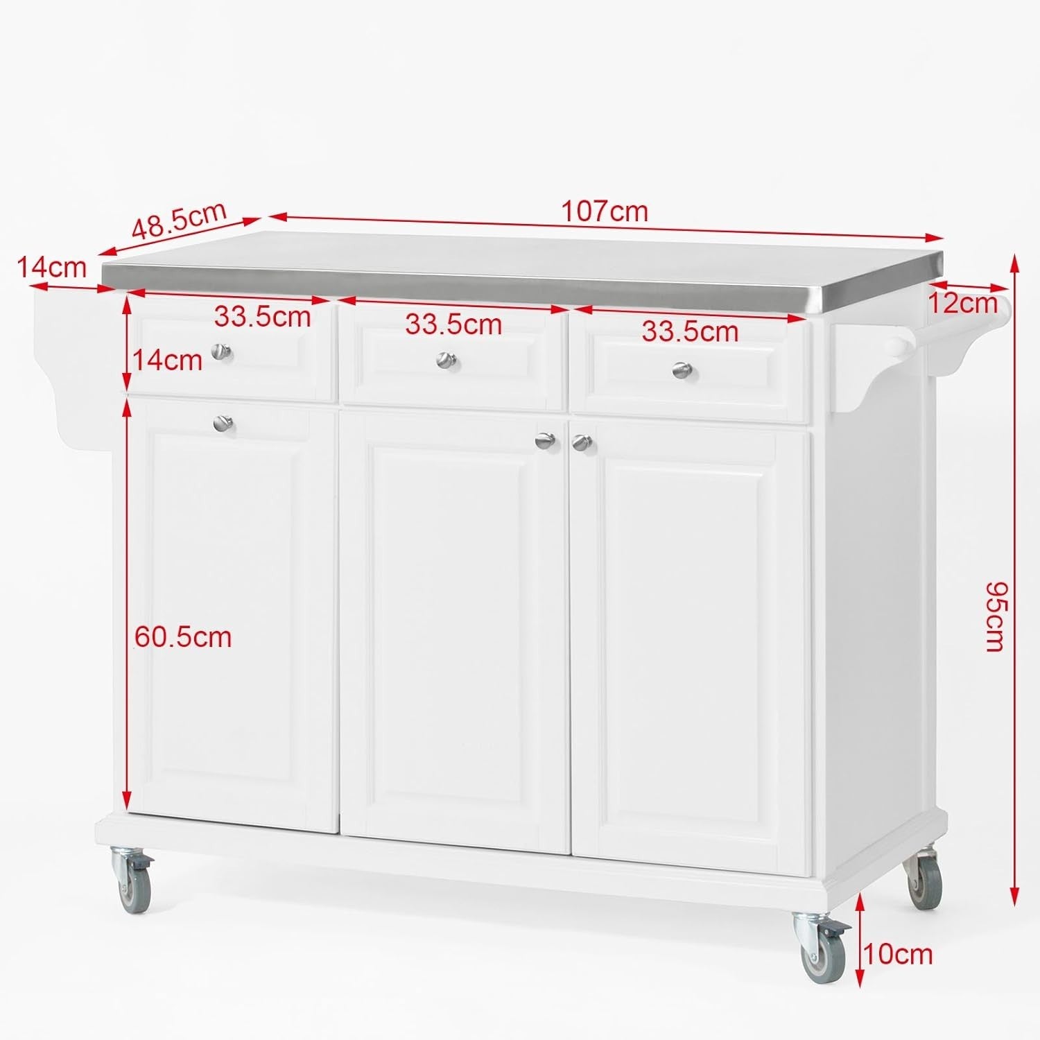 Luxury Kitchen Island Trolley with Stainless Steel Top, Storage & Castors