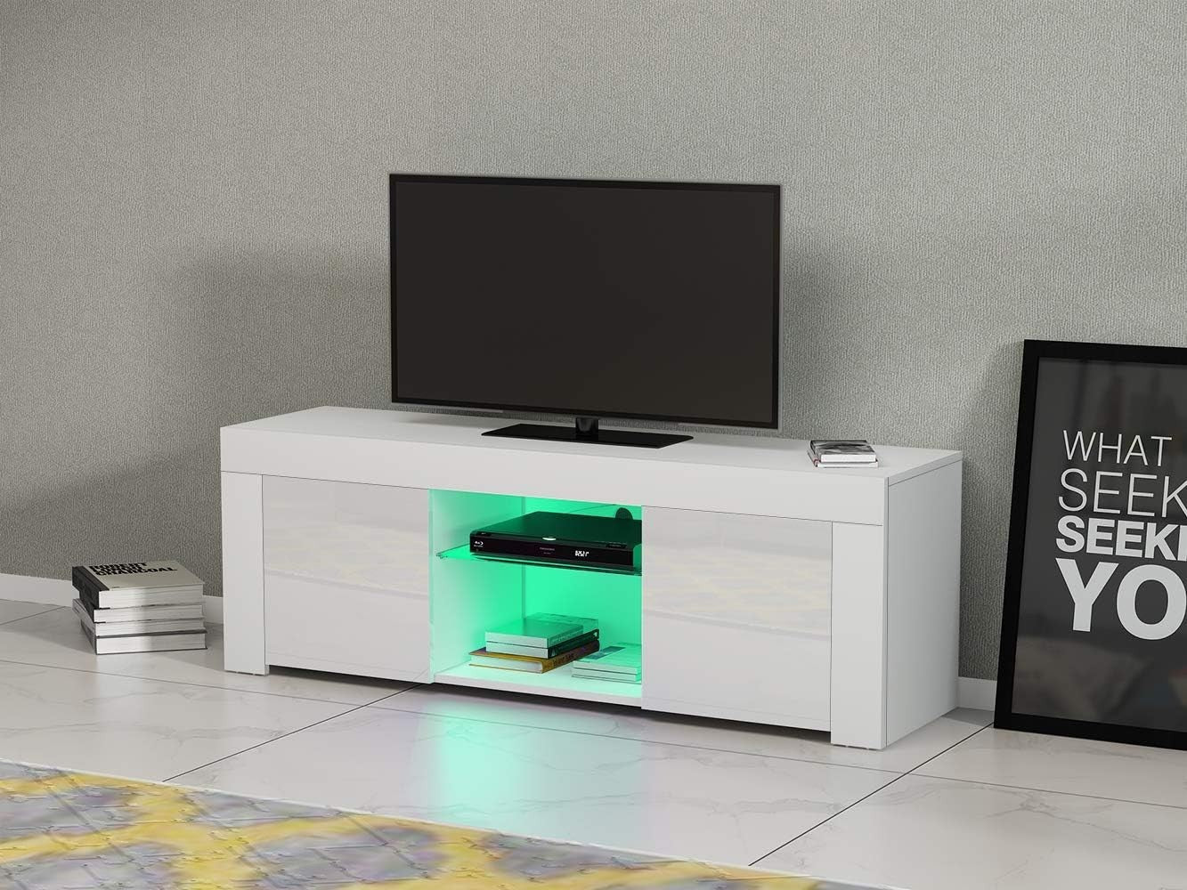 White Modern TV Stand for 50” TVs with RGB LED Light & Storage Cabinets