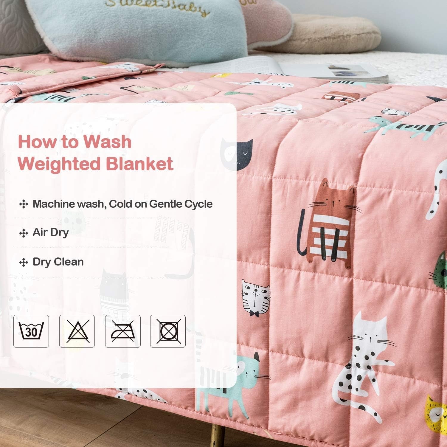 3.2kg Weighted Blanket Pink Cat 105x150cm 100% Cotton for Relaxation and Sleep