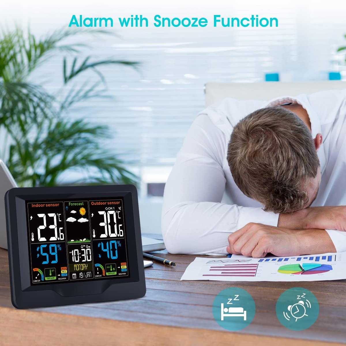 Black Wireless Weather Station Outdoor Sensor LCD Forecast Temp Humidity