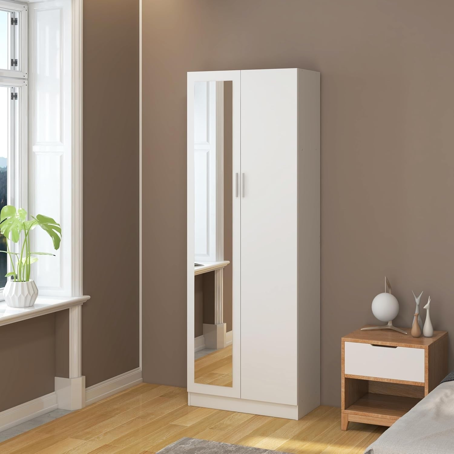 Tall White Mirrored Wardrobe 2 Door Closet Storage with Hanging Rail