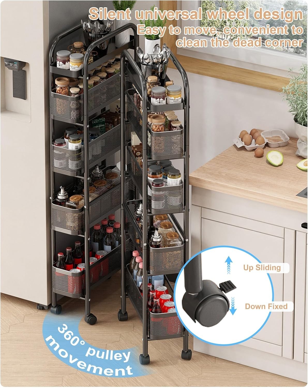 5 Tier Slim Rolling Kitchen Trolley Pull Out Storage Cart Black