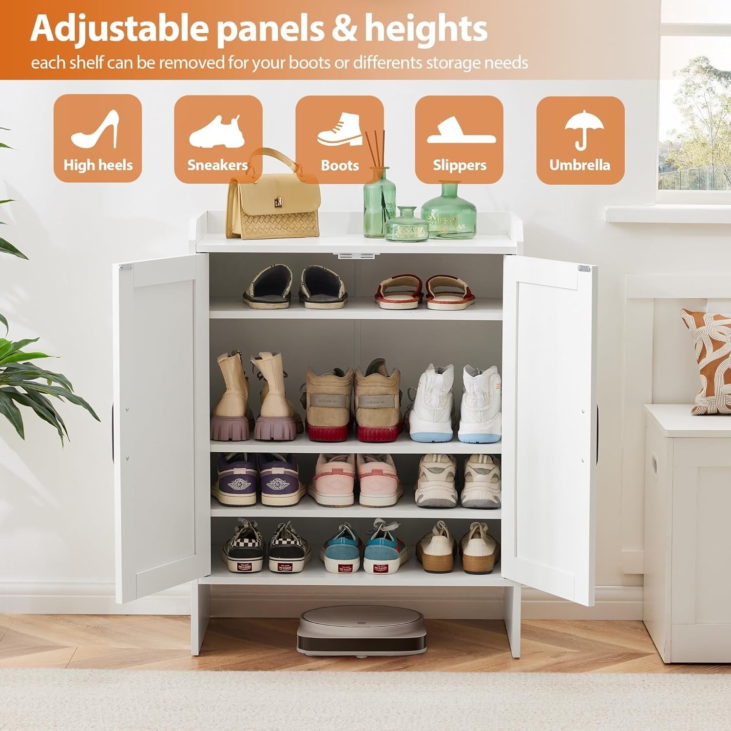 Farmhouse Shoe Cabinet with Doors, Adjustable Shelves, Entryway Storage
