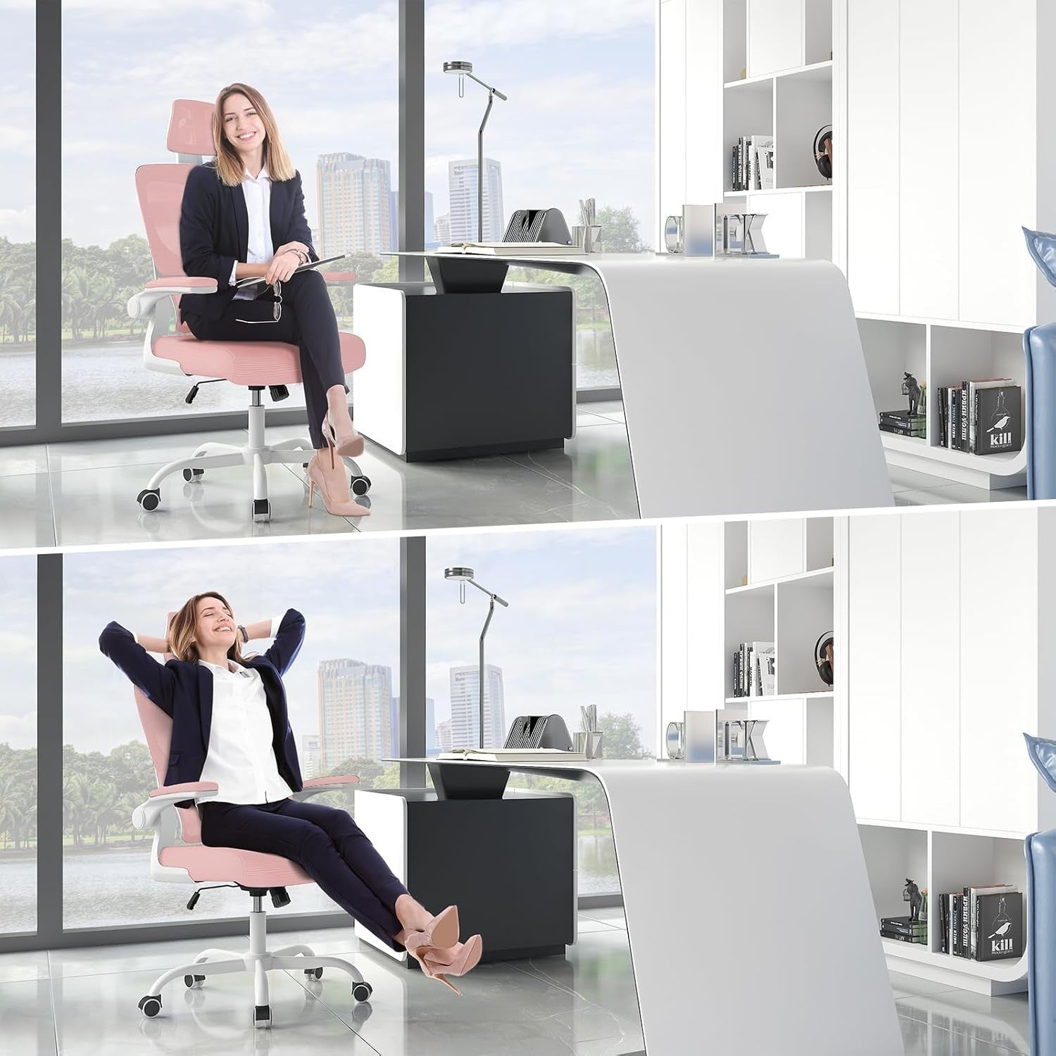 Pink Ergonomic Office Chair Mesh Back Flip-Up Armrests Adjustable Headrest Tall