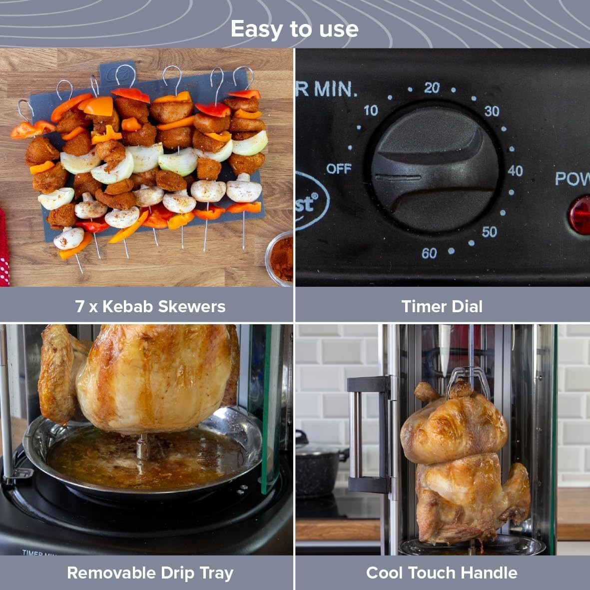 21L Rotisserie Kebab Grill 7 Skewers Vertical Cooker 1500W Timer Glass