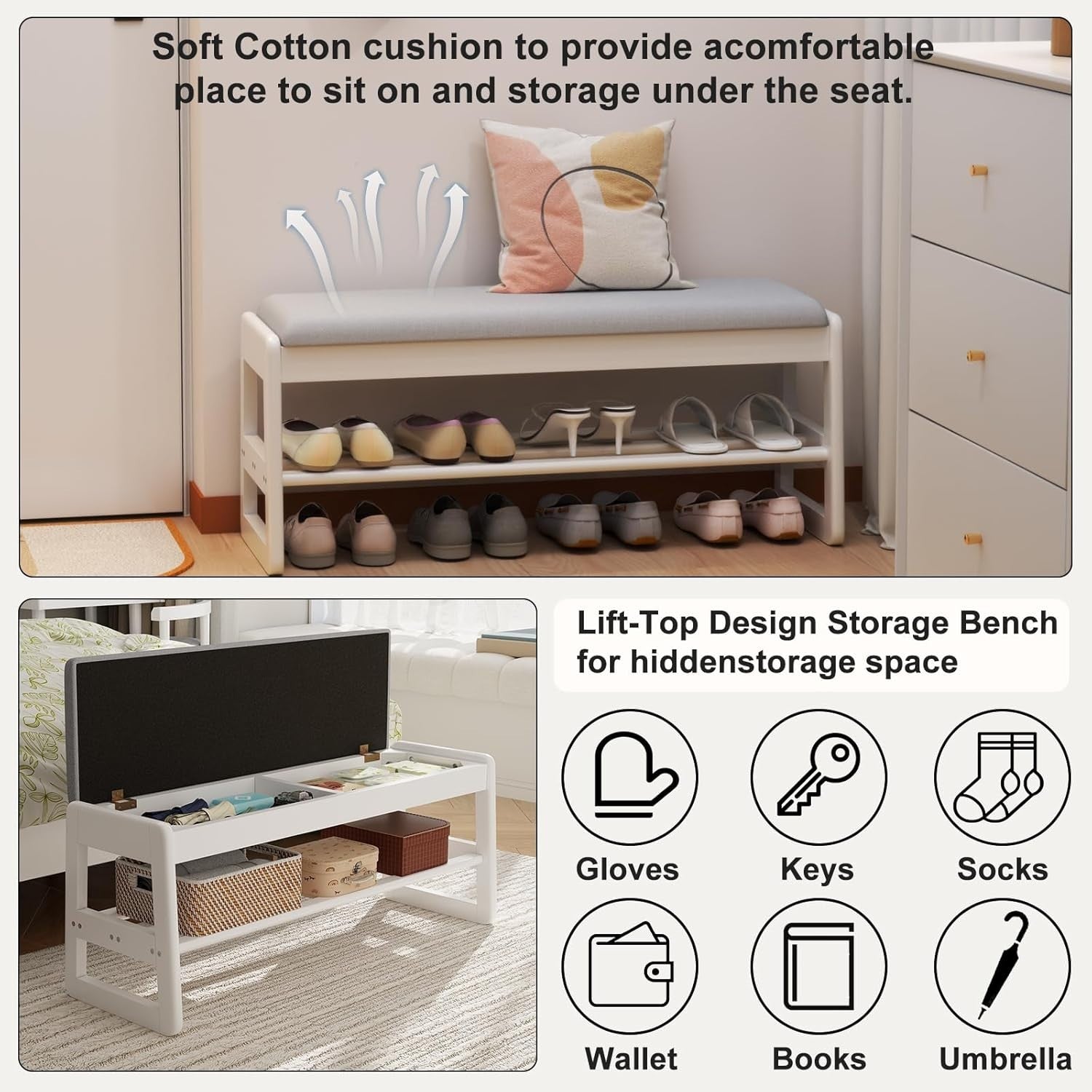 Small Flip-Top Shoe Bench with Linen Cushion | 2-Tier White Shoe Rack Entryway