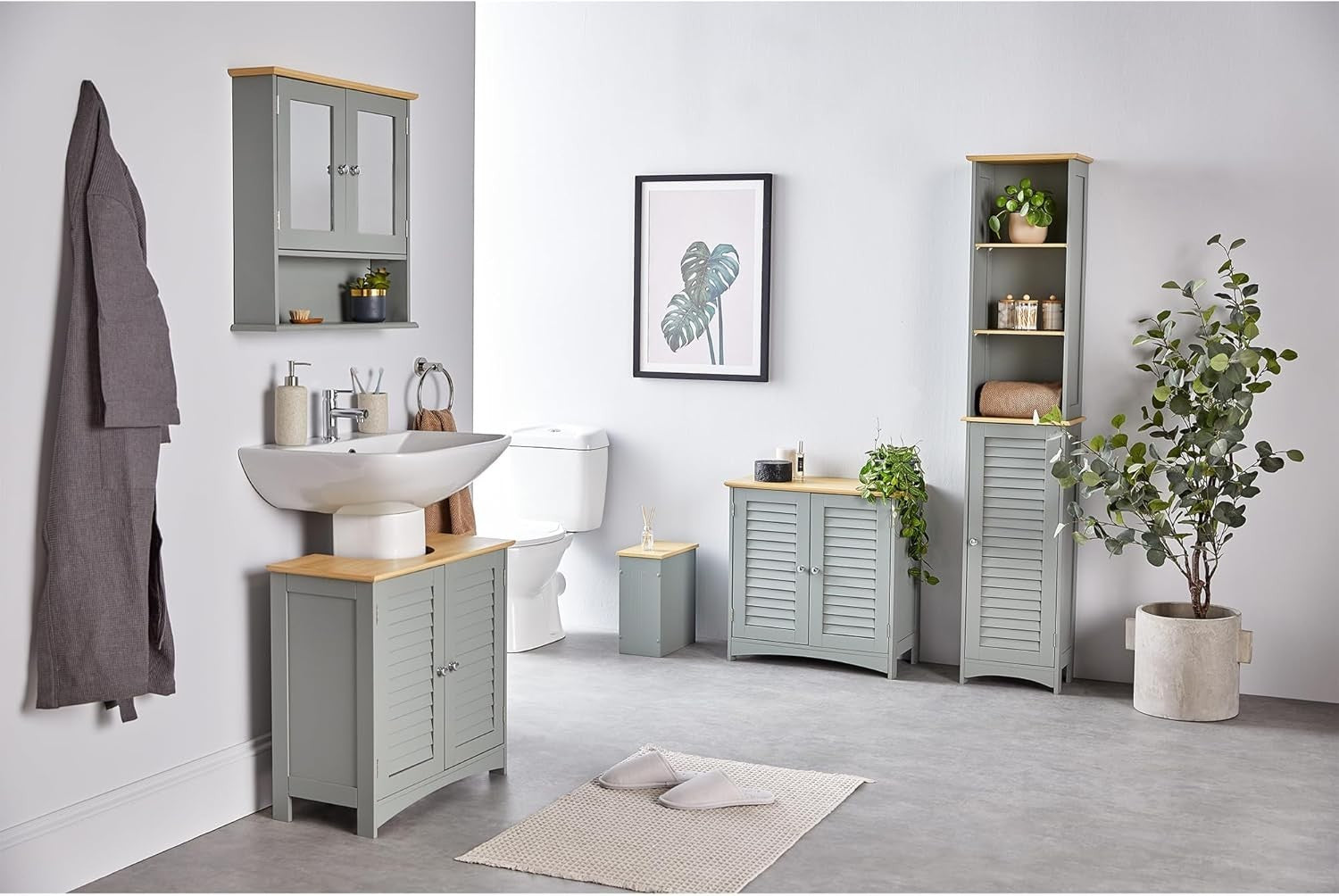 Tall Slim Bathroom Storage Unit Grey – 6 Shelf Cupboard with Door