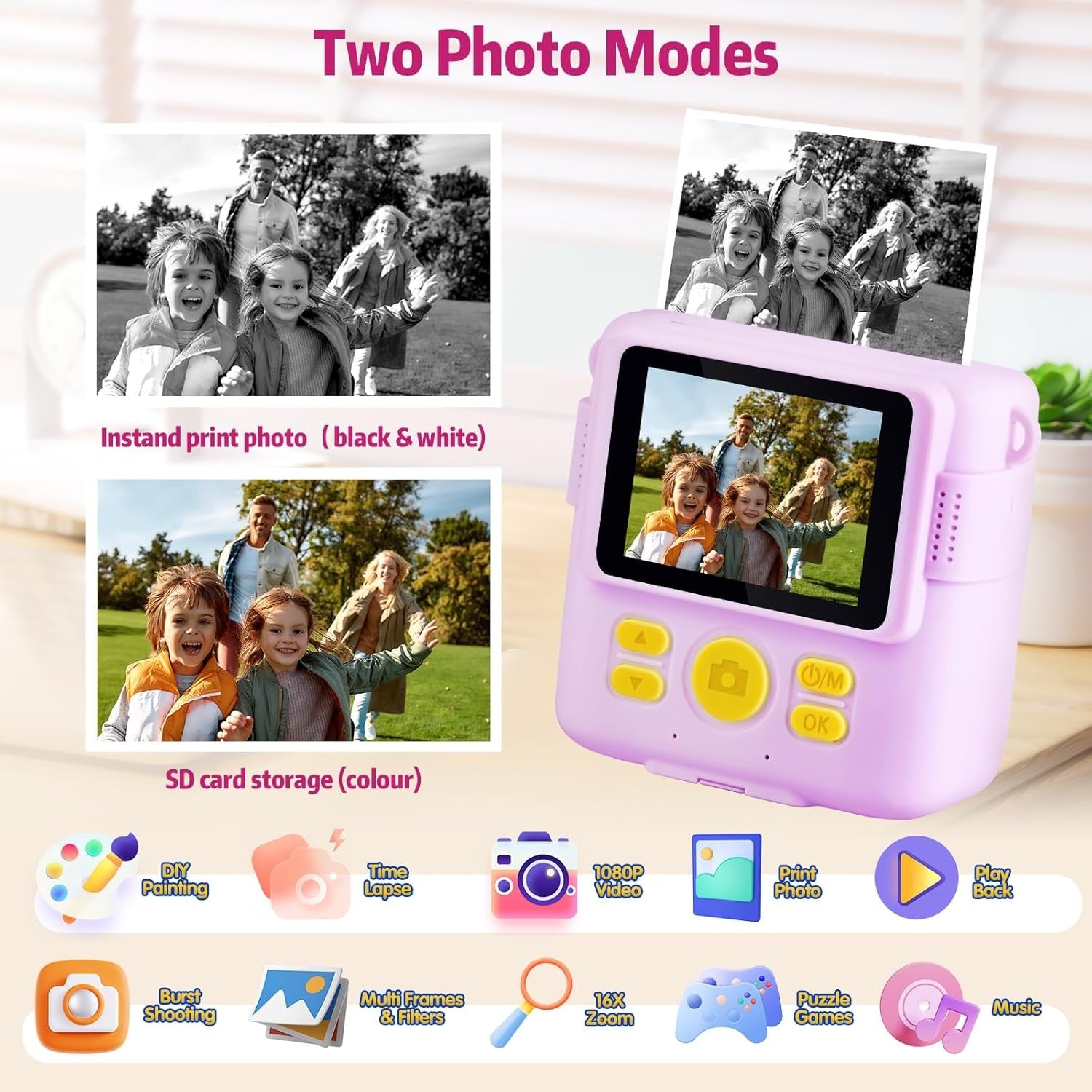 Kids Instant Print Camera Purple 1080P HD Toy with 32GB Card Gift for Girls Boys