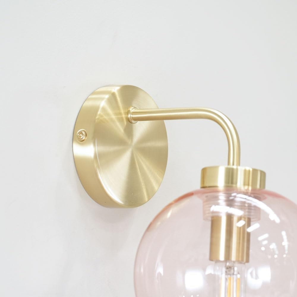 Brushed Gold Wall Lights with Pink Glass Globe Shade, Pair, Elegant Decor
