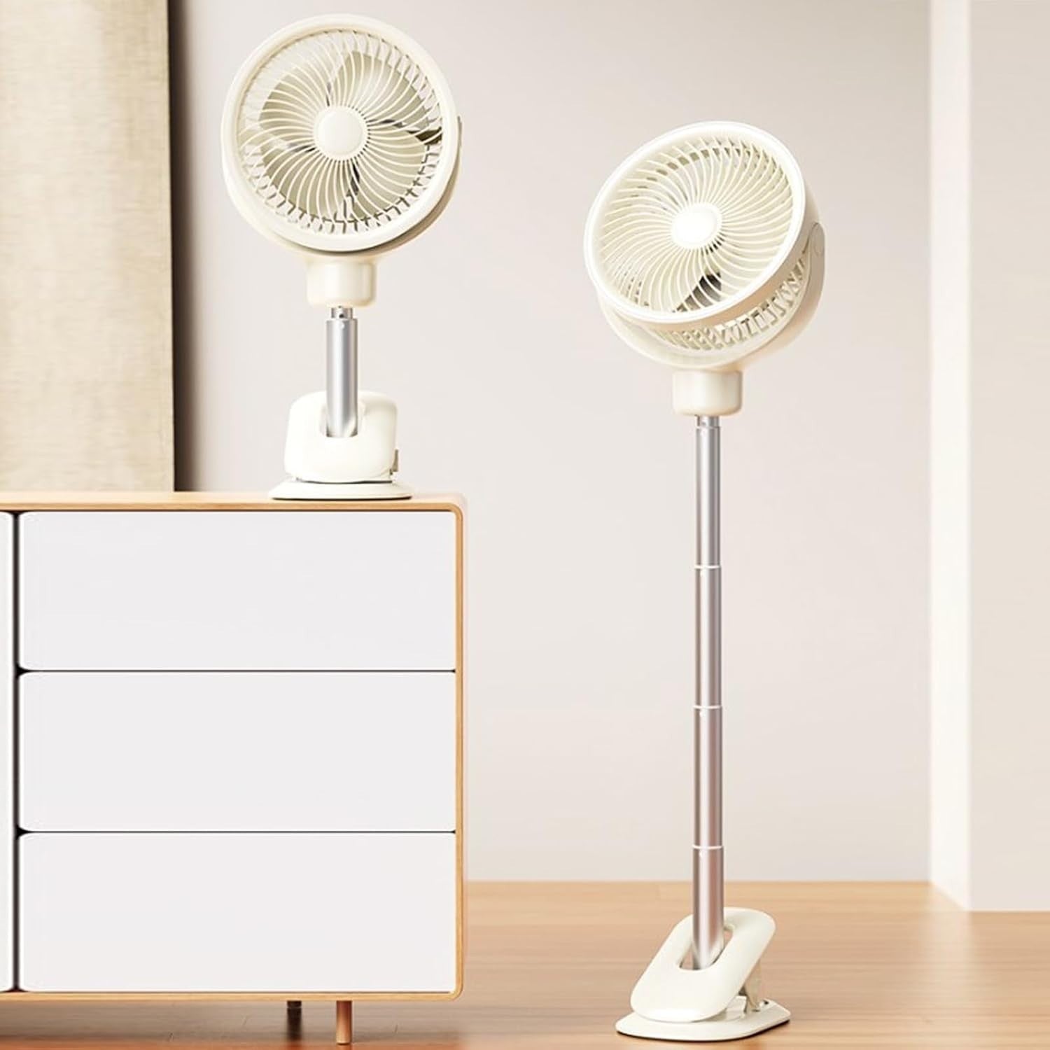 Clip-On Desk & Floor Fan – 4-Speed Telescopic USB Rechargeable with LED Light