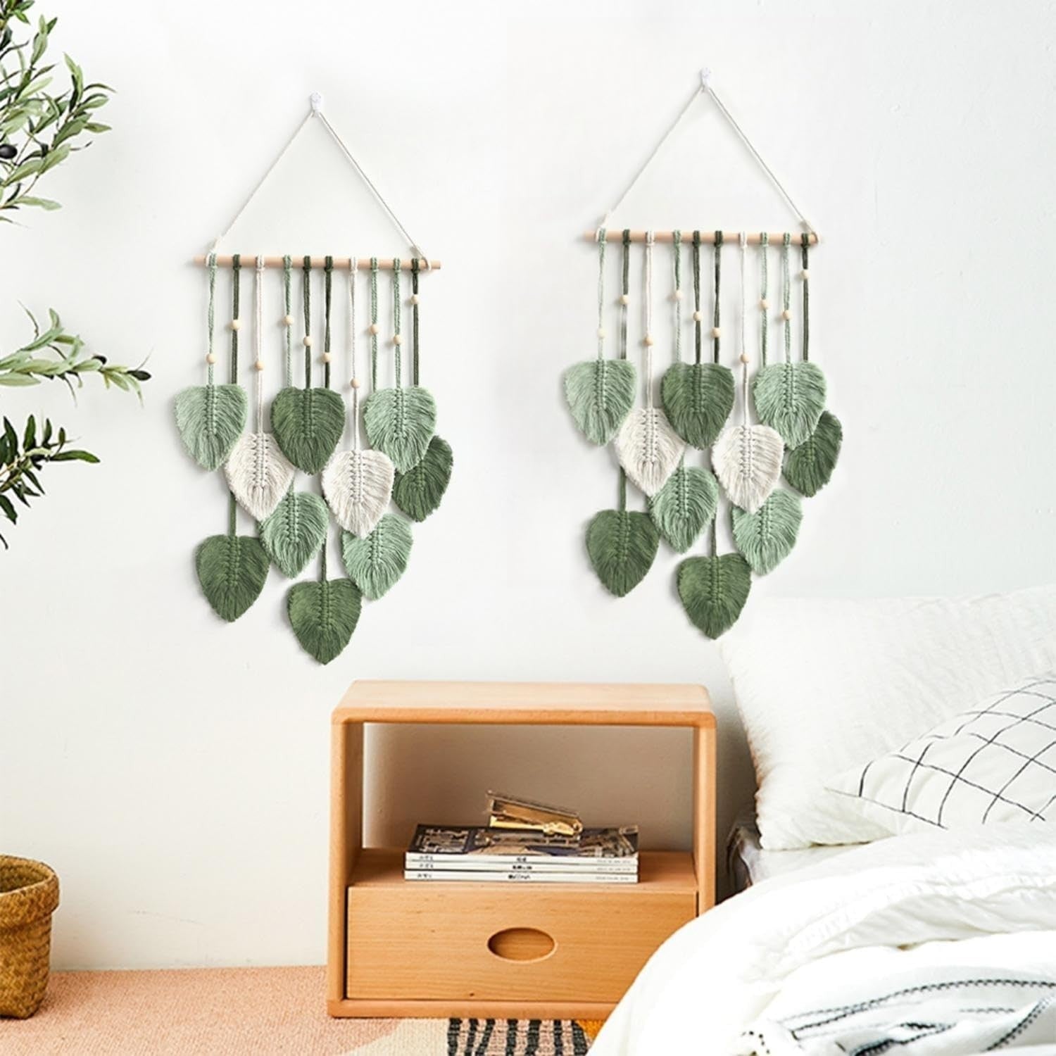 Green Macrame Leaf Wall Hanging Boho Woven Tapestry 90cm