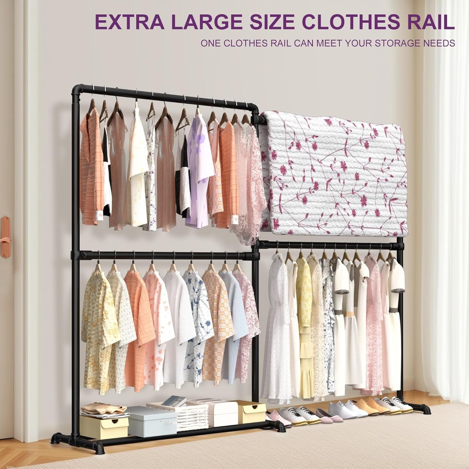 Heavy Duty Clothes Rail with Foldable Arms & Shelf Black