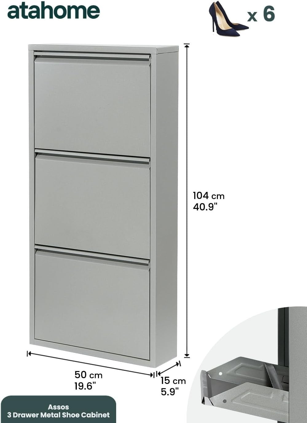 Slim Wall Mounted Shoe Cabinet 3 Drawer Metal Organizer Grey 104cm