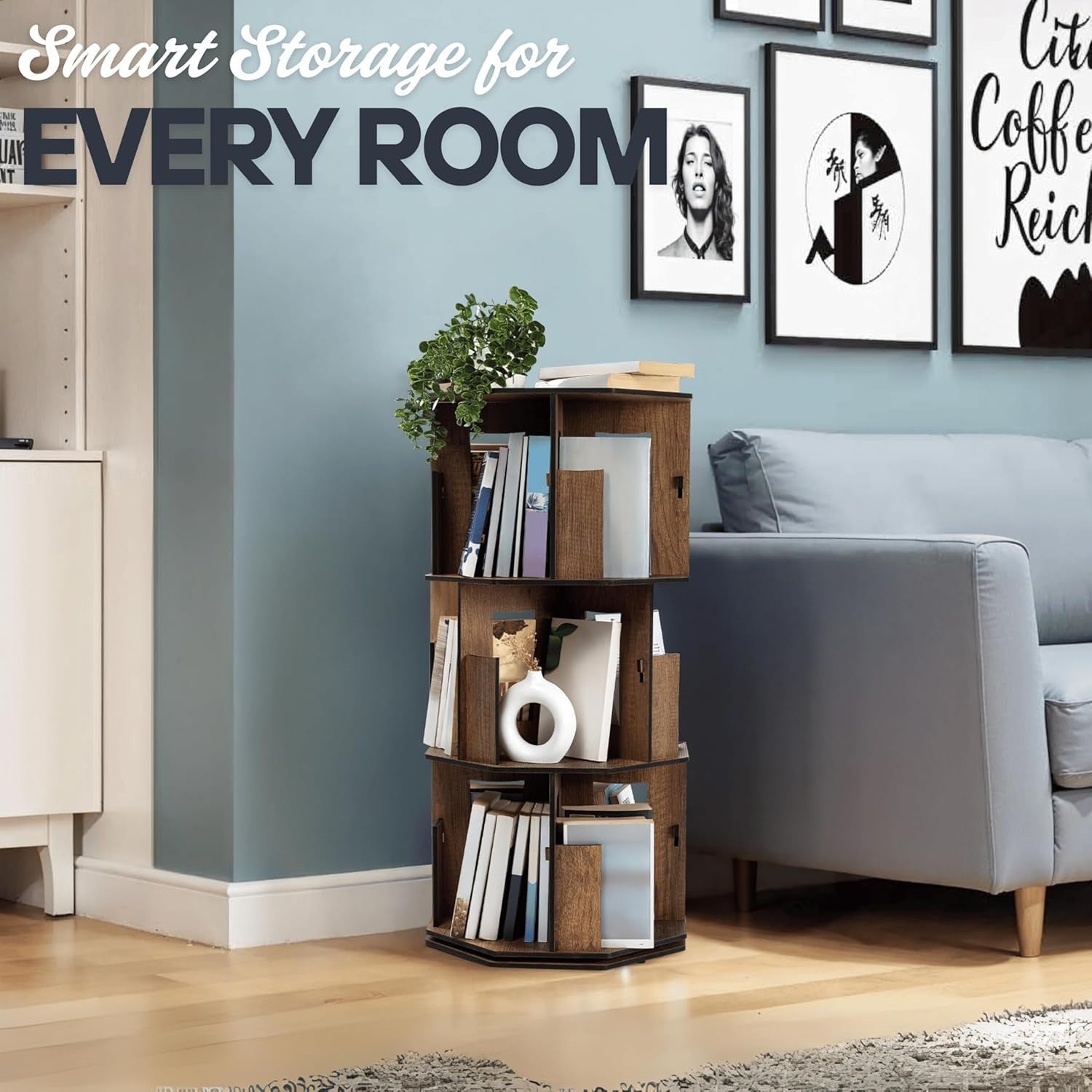 3 Tier Rotating Kids Bookshelf Walnut Corner Shelf Wooden Storage Organizer