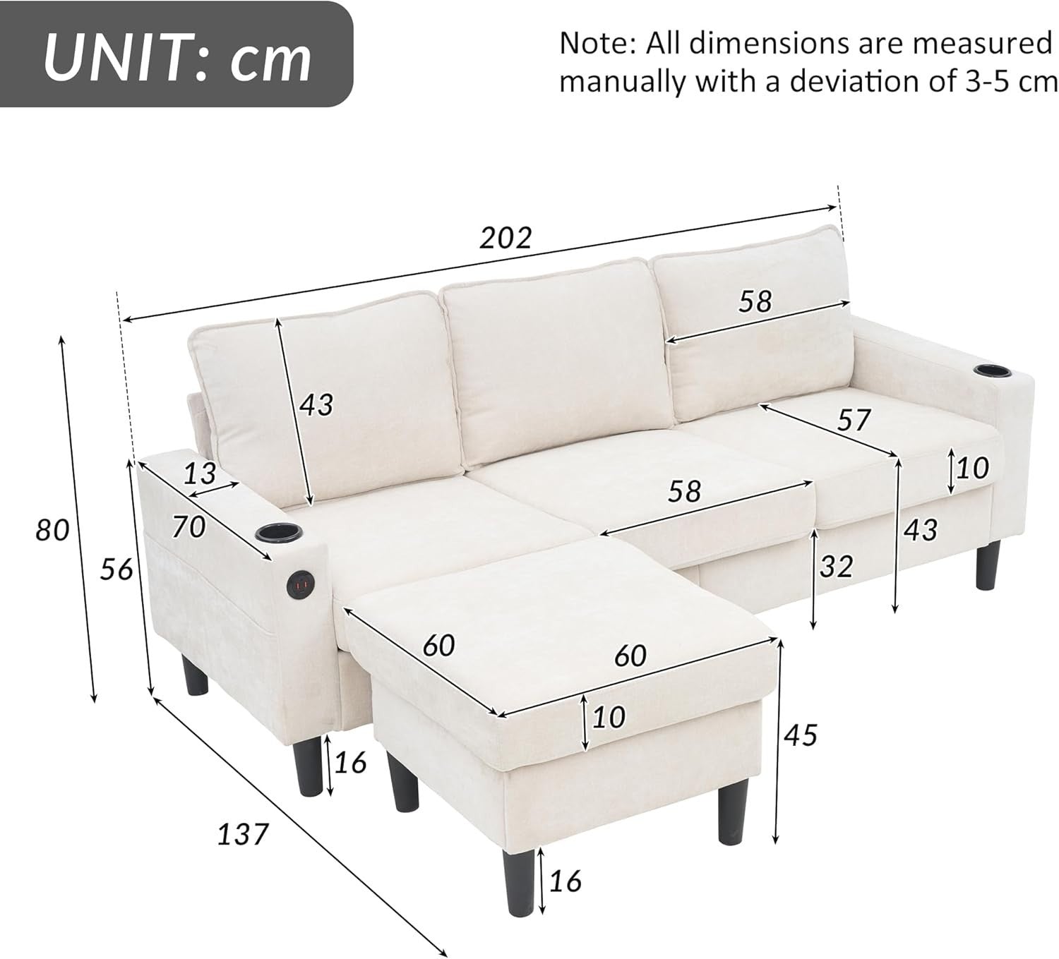 3 Seater L Shaped Sofa Bed USB Cup Holder Storage Compact Modern Beige
