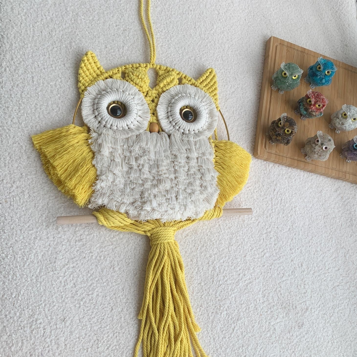 Yellow Macrame Owl Wall Hanging Boho Fiber Art Home Decor