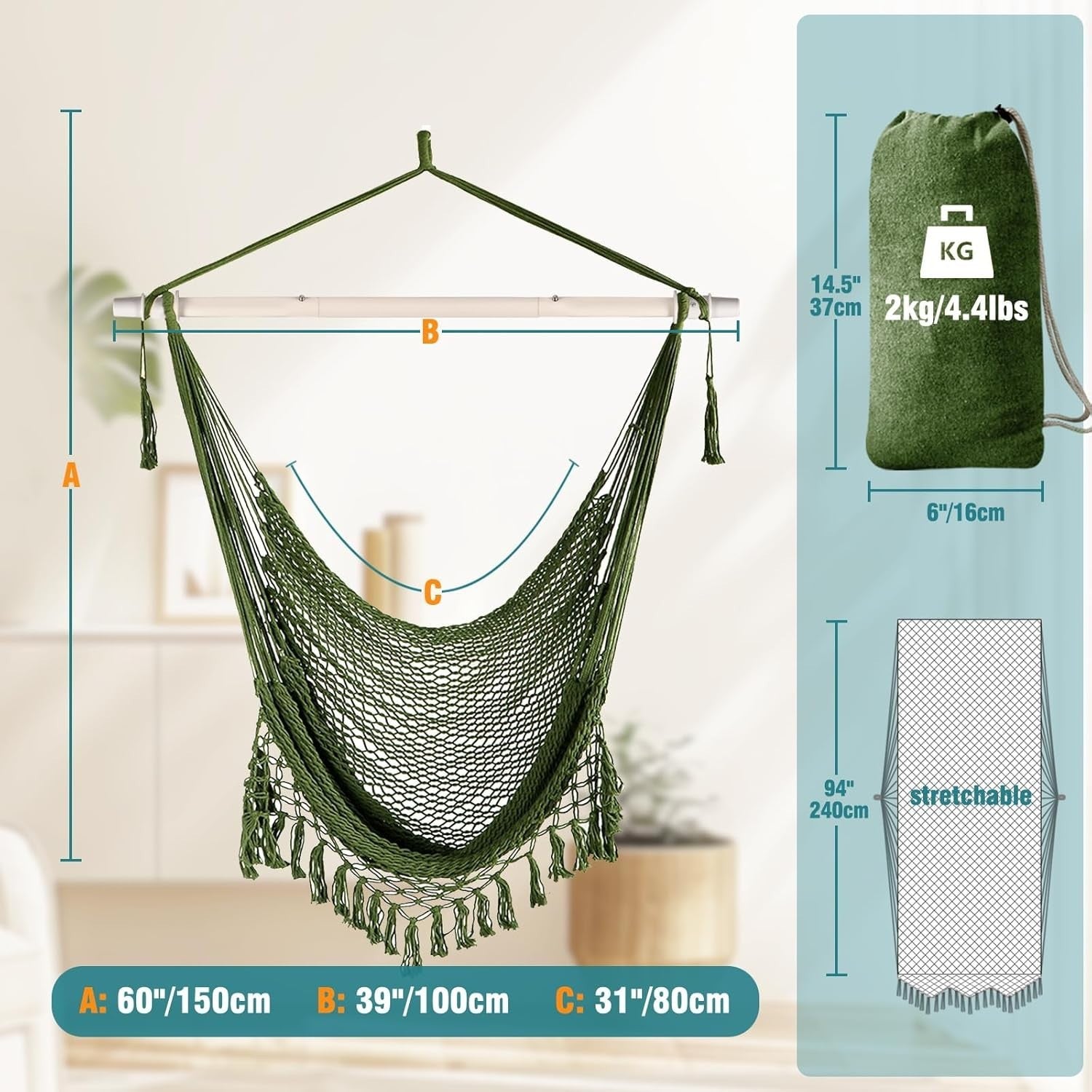 Extra Large Hanging Hammock Chair – Comfy Mesh, 120kg Max, Indoor Outdoor