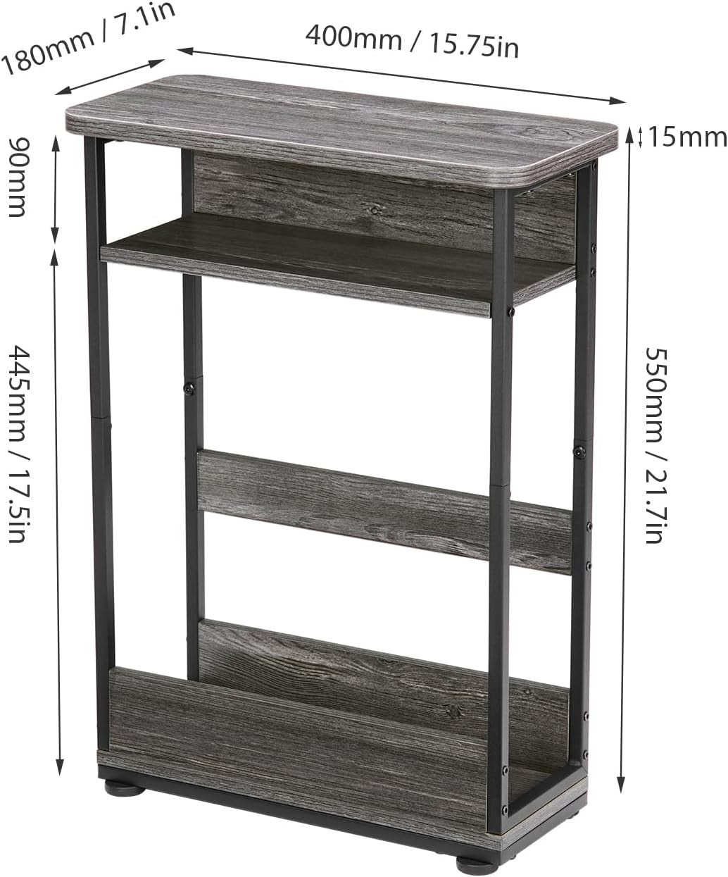 Slim Grey Side Table for Small Spaces – 3-Tier Narrow Nightstand Unit