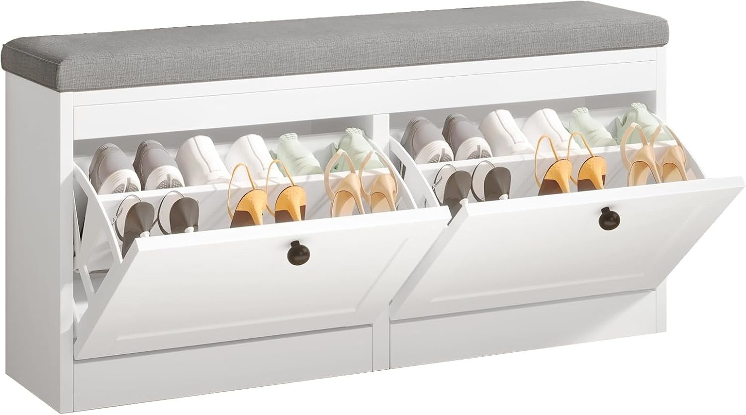 White Flip Drawer Shoe Storage Bench with Padded Seat & Adjustable Shelves
