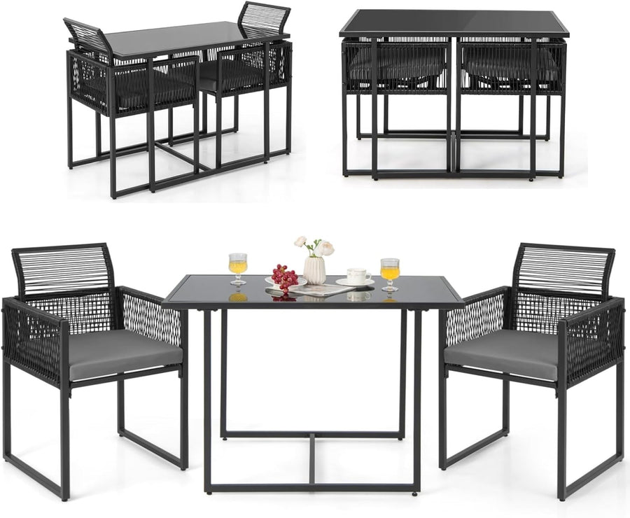 3pc Patio Bistro Set Glass Table 2 Rattan Chairs Cushions Space Saving