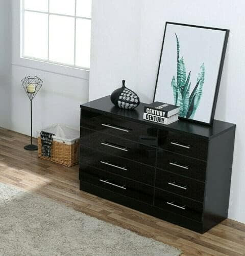 Black Gloss Chest 8 Drawers Bedroom Storage Cabinet Metal Handles Modern