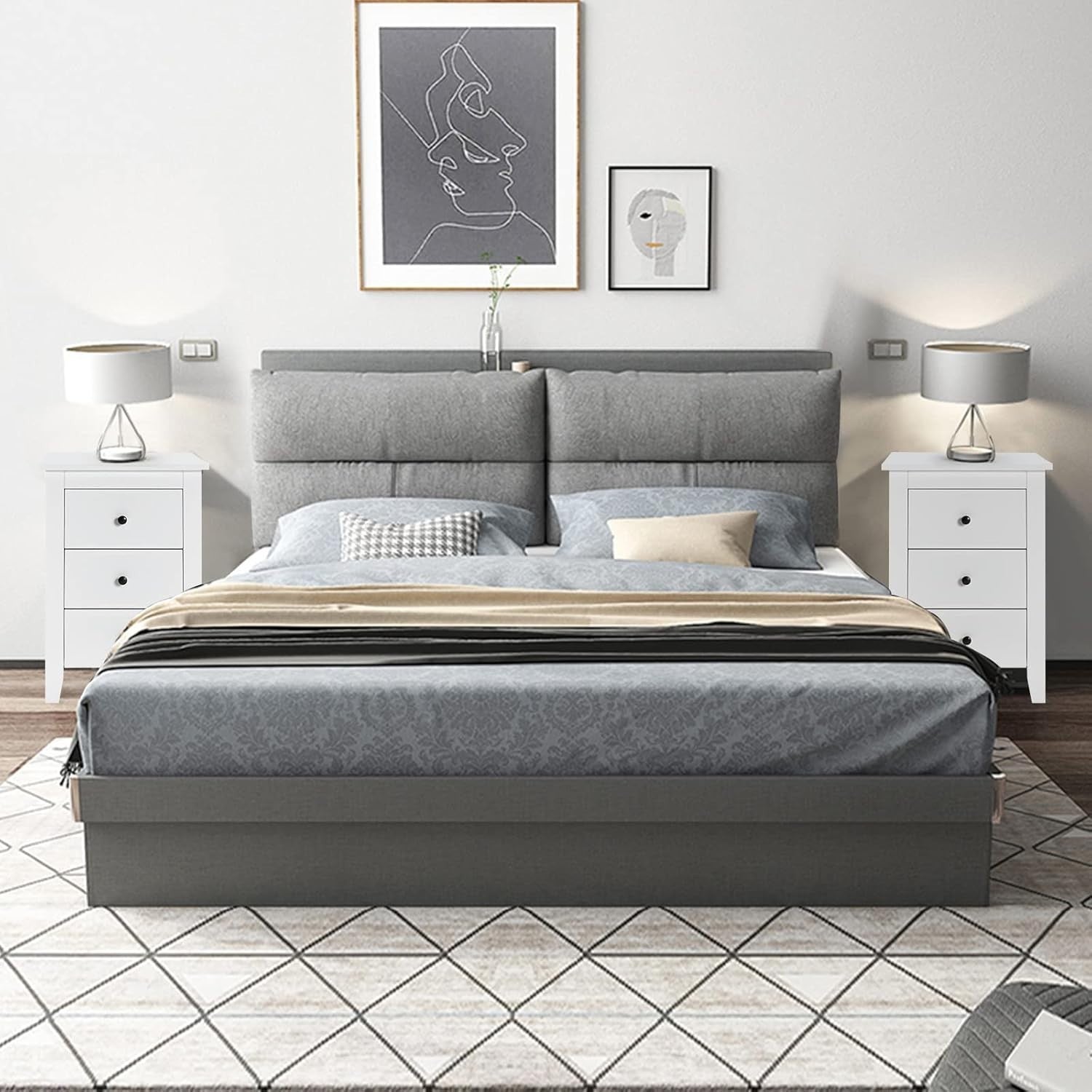 Set of 2 White 3 Drawer Bedside Tables | Modern Wooden Nightstands