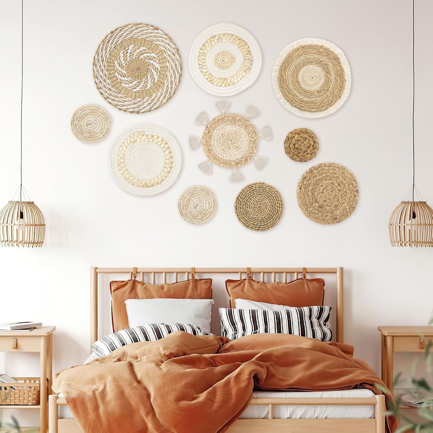 Boho Woven Wall Basket Decor Set of 10 Natural Handmade