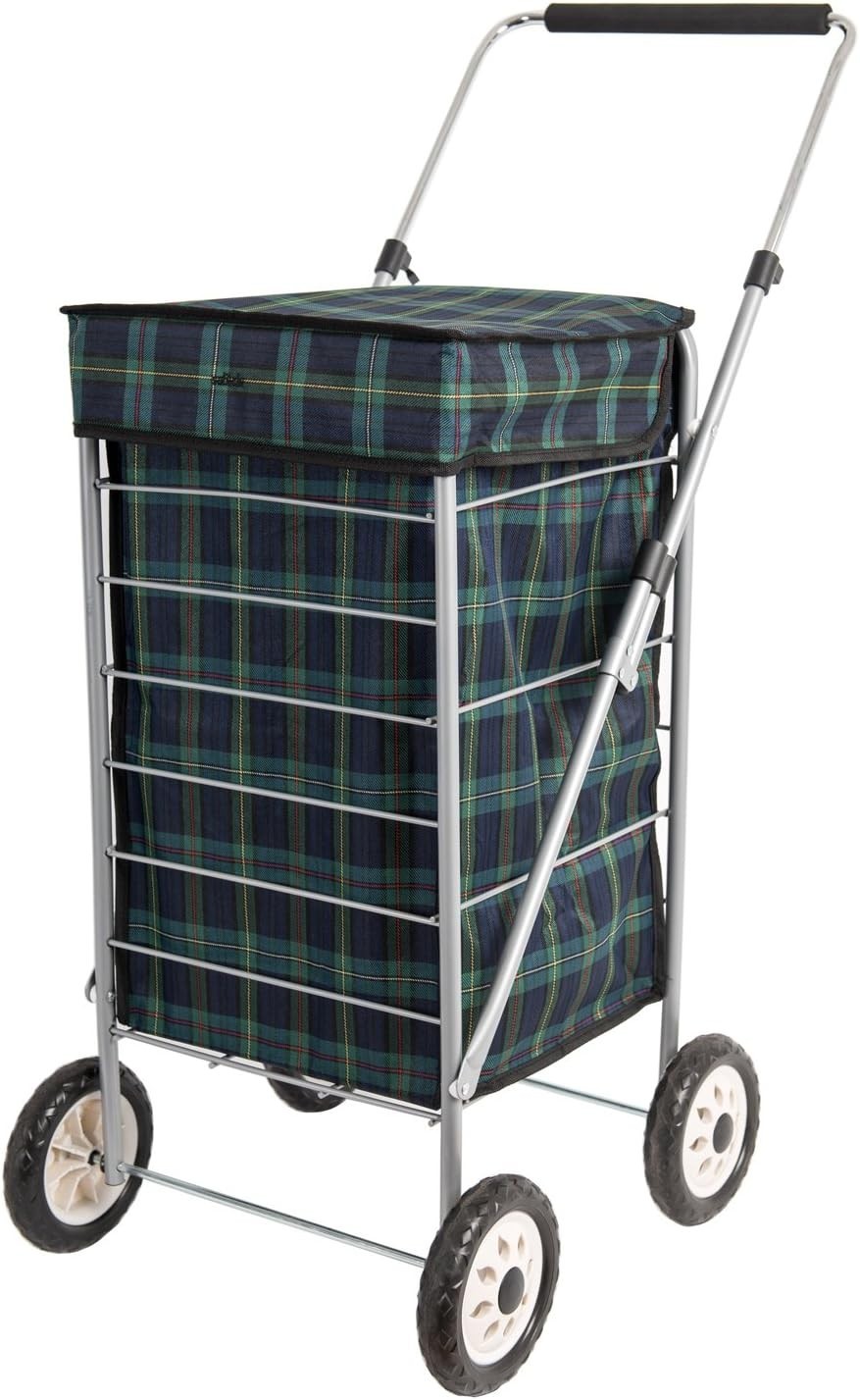 60L 4-Wheel Shopping Trolley Blue & Green Tartan Adjustable Handle Steel Frame