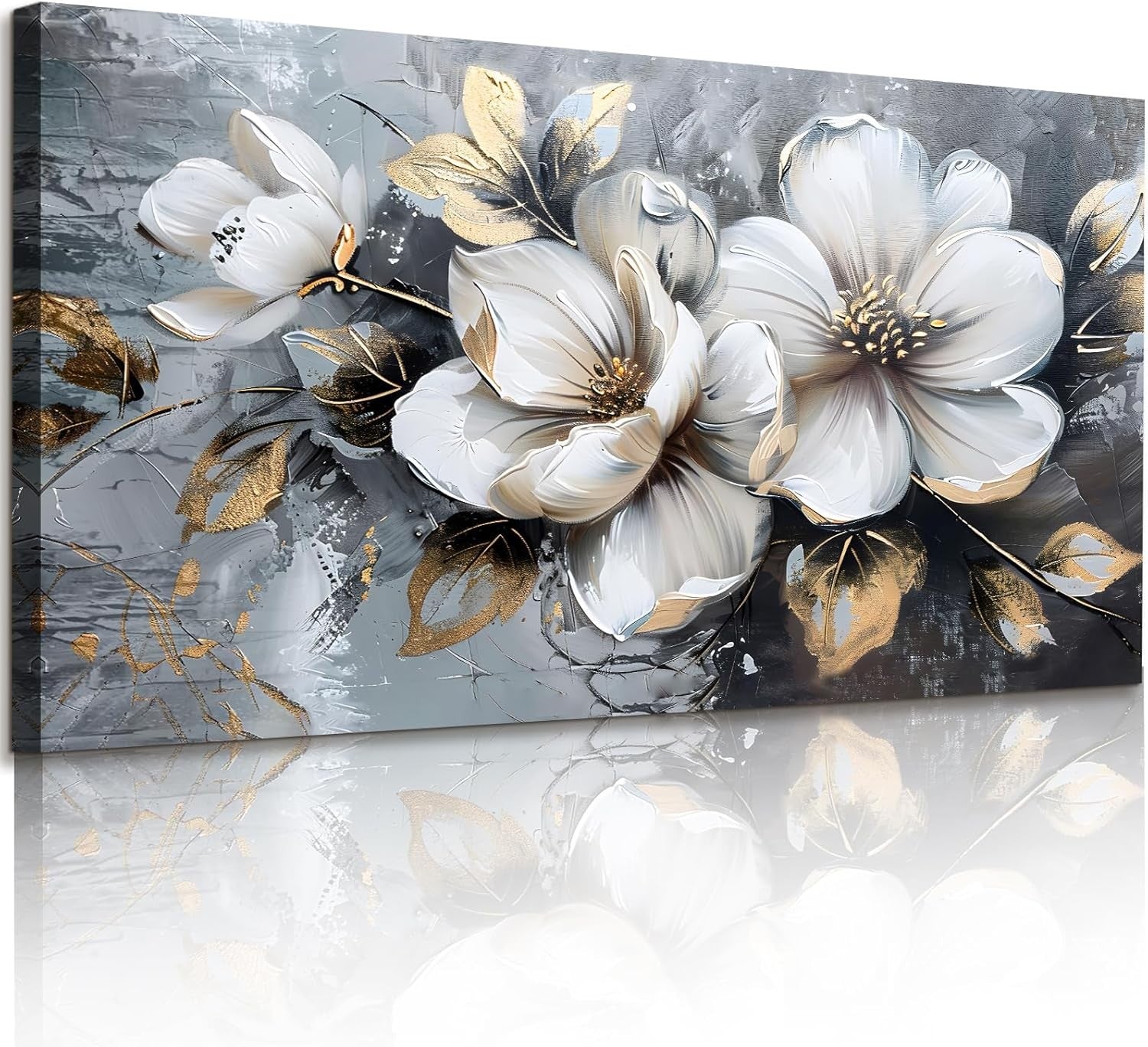 Large White Floral Canvas Wall Art 100x50cm Modern Botanical