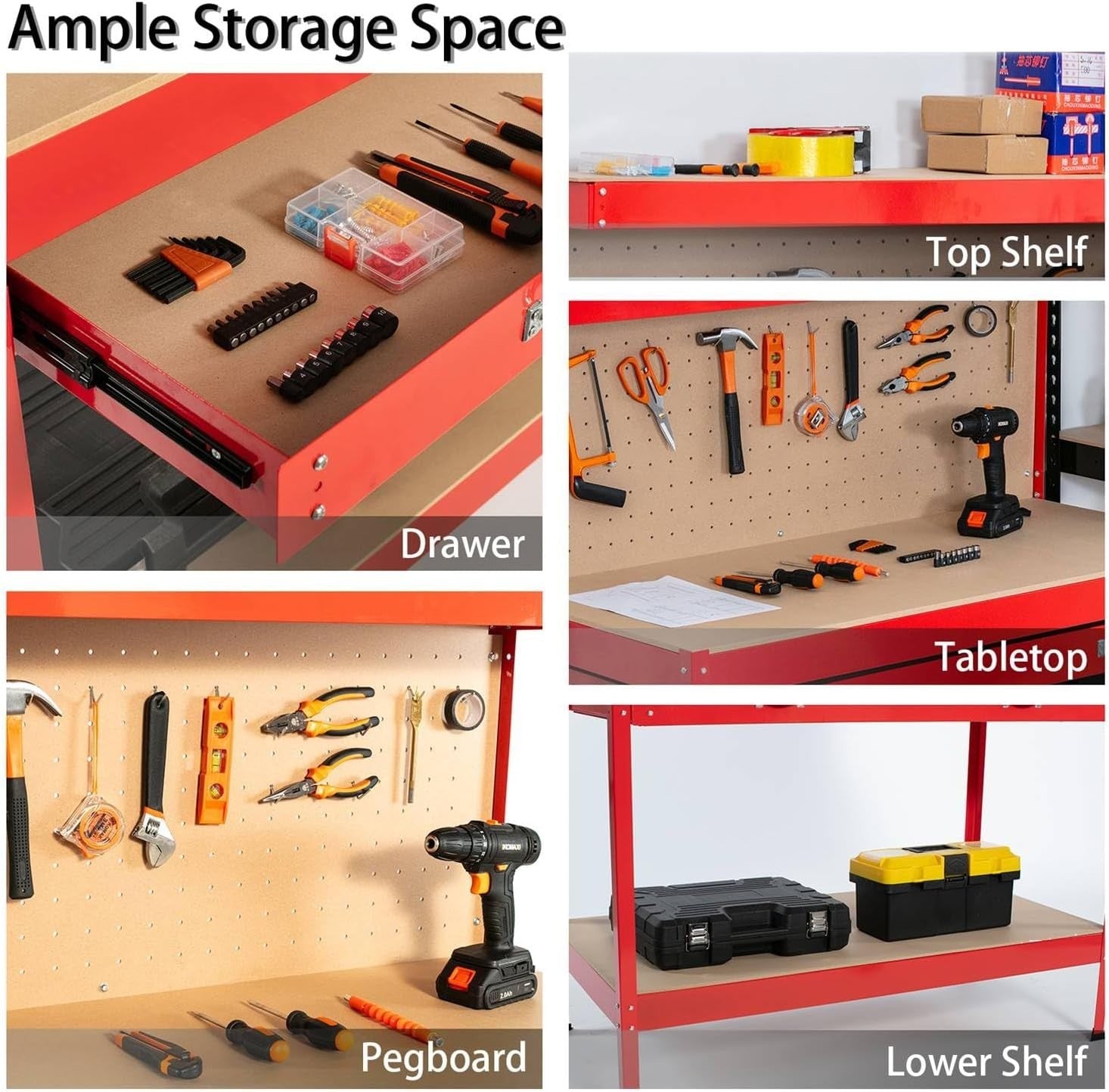 Red Steel Garage Workbench Tool Station w/ Drawer Pegboard Shelf DIY Storage