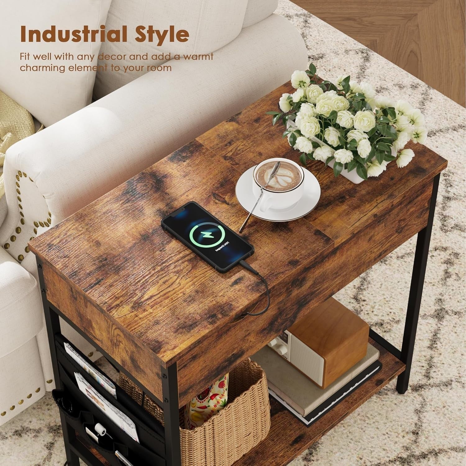 Narrow Side Table with USB Ports, Charging Station & Storage Shelf, Rustic