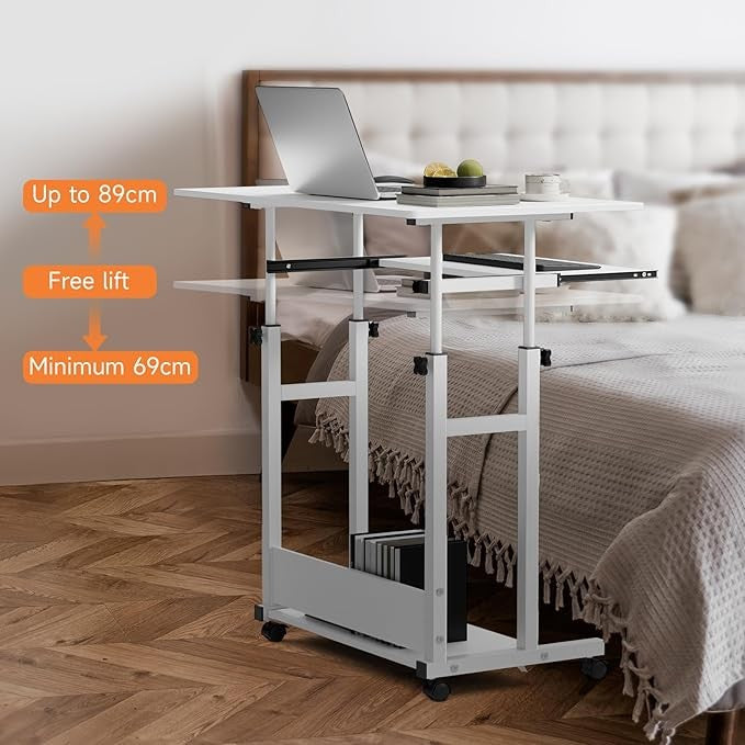 Mobile Computer Desk Adjustable Height Laptop Table with Wheels 80x45cm