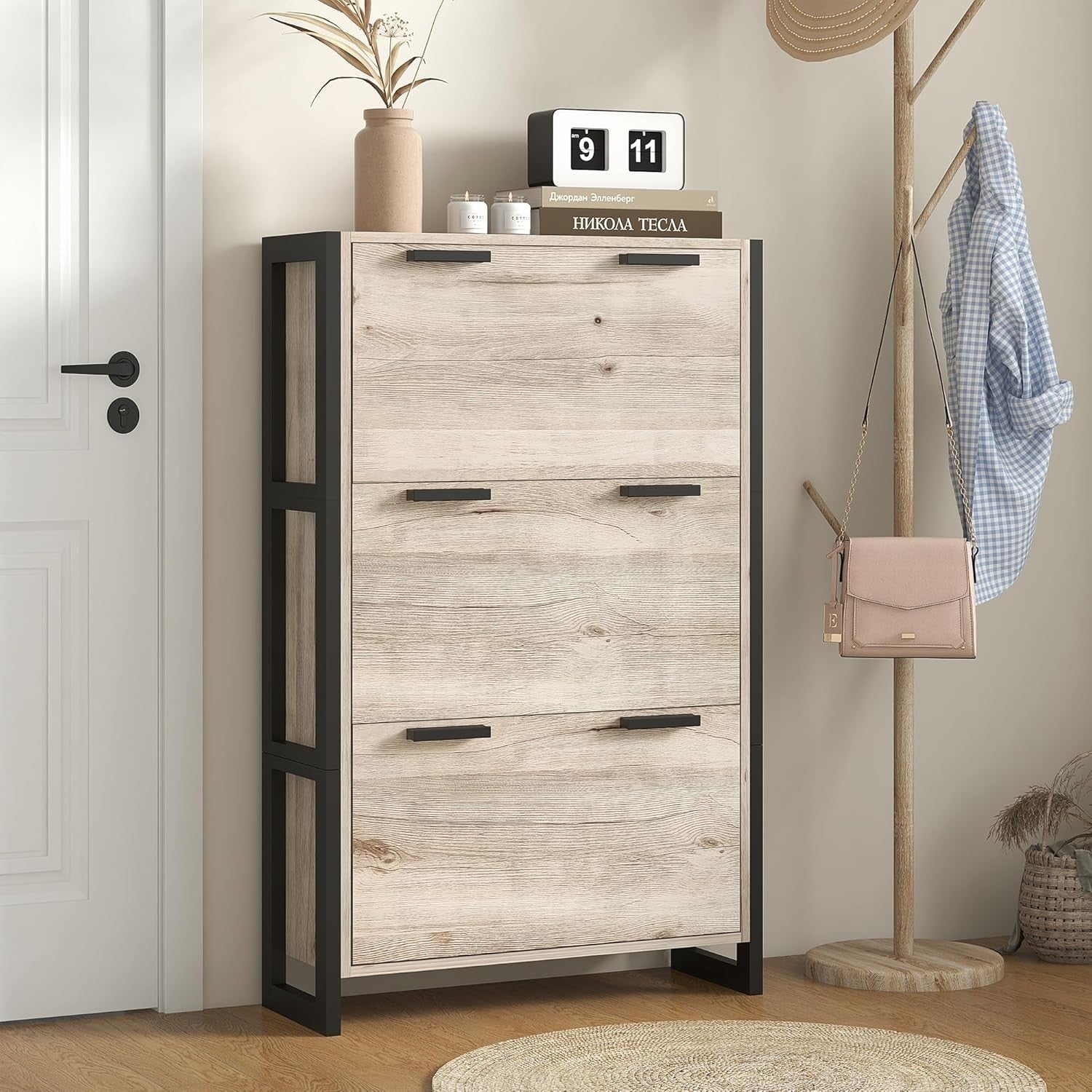 Slim 3 Drawer Shoe Cabinet with Adjustable Shelves, Flip Doors, 18 Pairs Storage