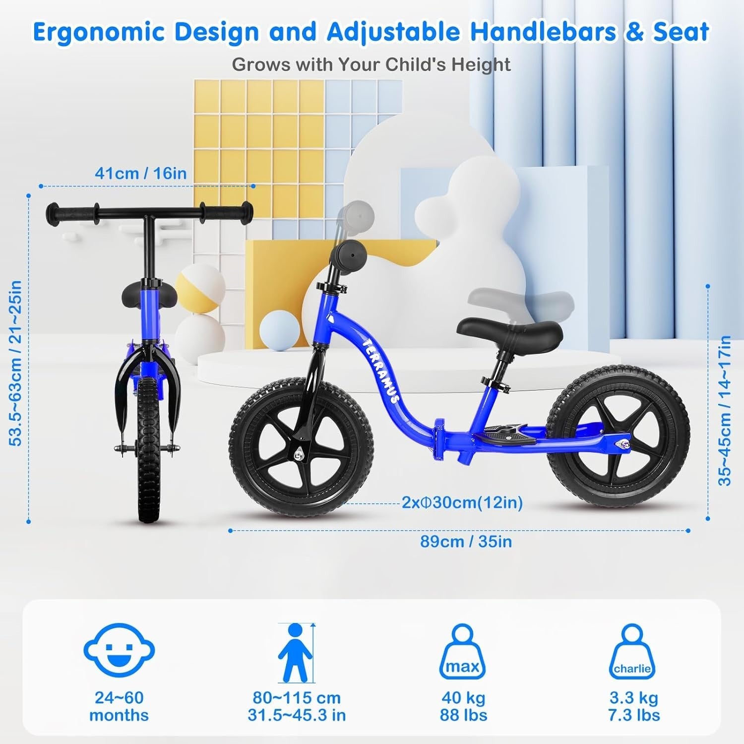 12" Toddler Balance Bike Adjustable Seat Handlebar Training Bike Kids