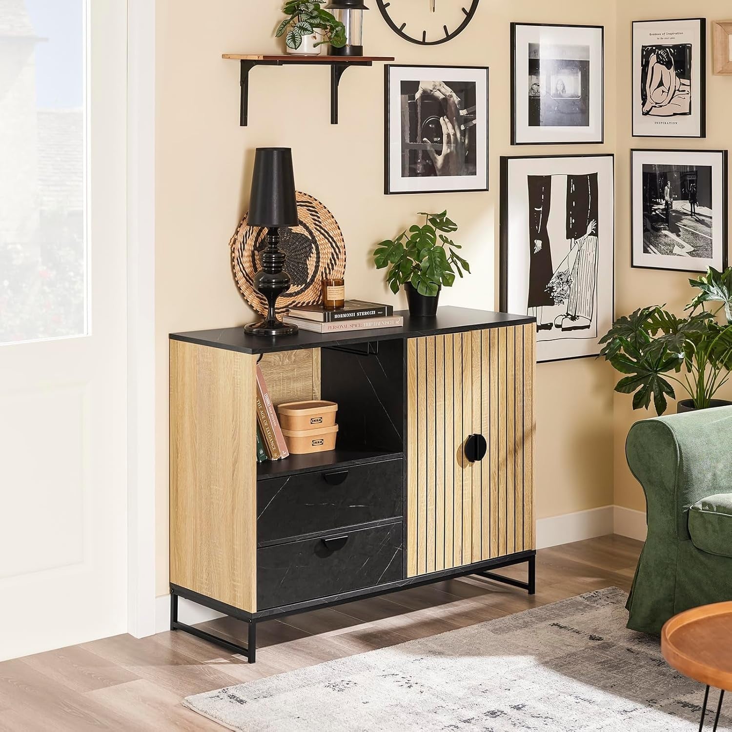 Modern Hallway Sideboard Cabinet | Wine Rack + Microwave Shelf | 107cm Wide