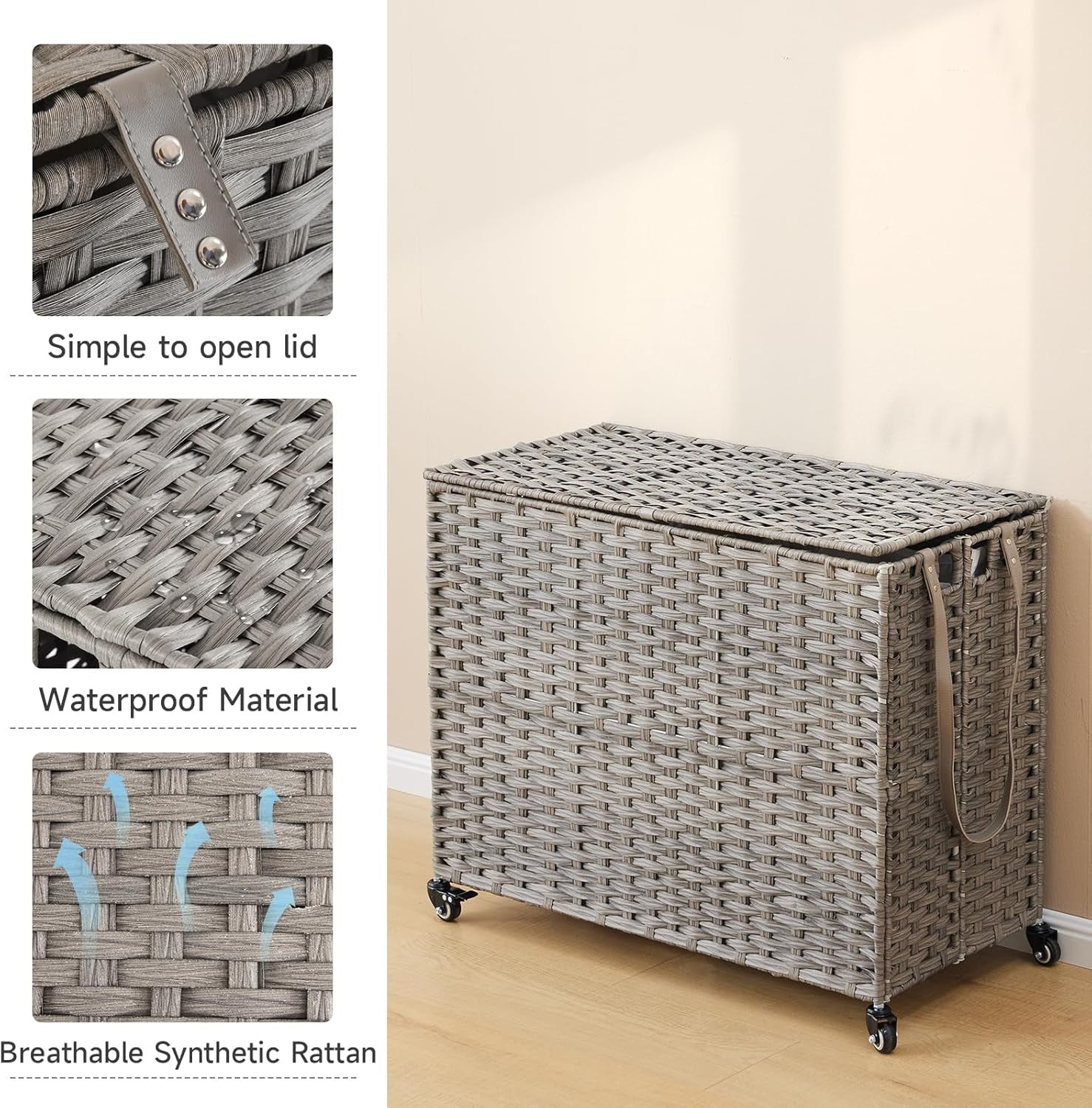200L Rolling Wicker Laundry Hamper with Lid | 3 Removable Bags & Side Pocket | L