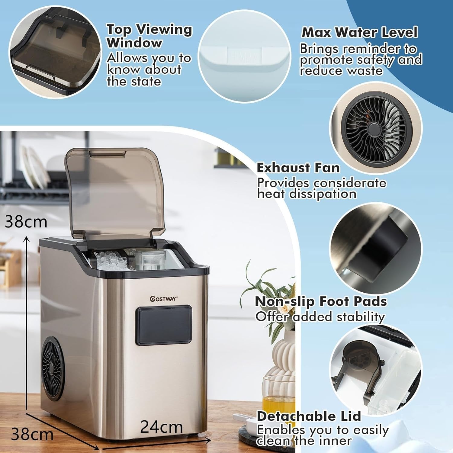 Nugget Ice Maker Countertop 24kg/24H Self Cleaning Timer 2.5L Tank
