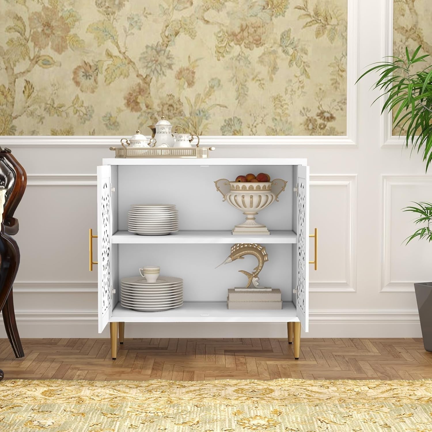 White Vintage Sideboard Cabinet 2 Door Carved Storage Unit Hallway Accent