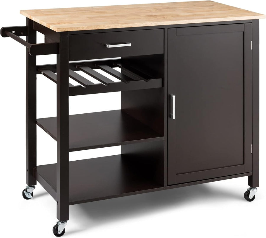 Rolling Kitchen Island Cart with Oak Wood Top, Wine Rack & Storage Drawer